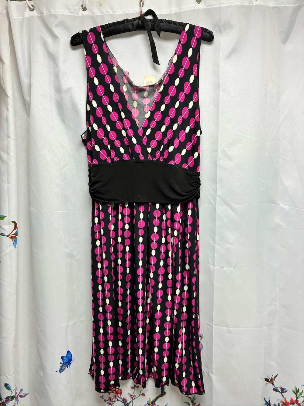 Max Studio Pink and White Polka-Dot V-Neck Midi Dress with Black Waistband